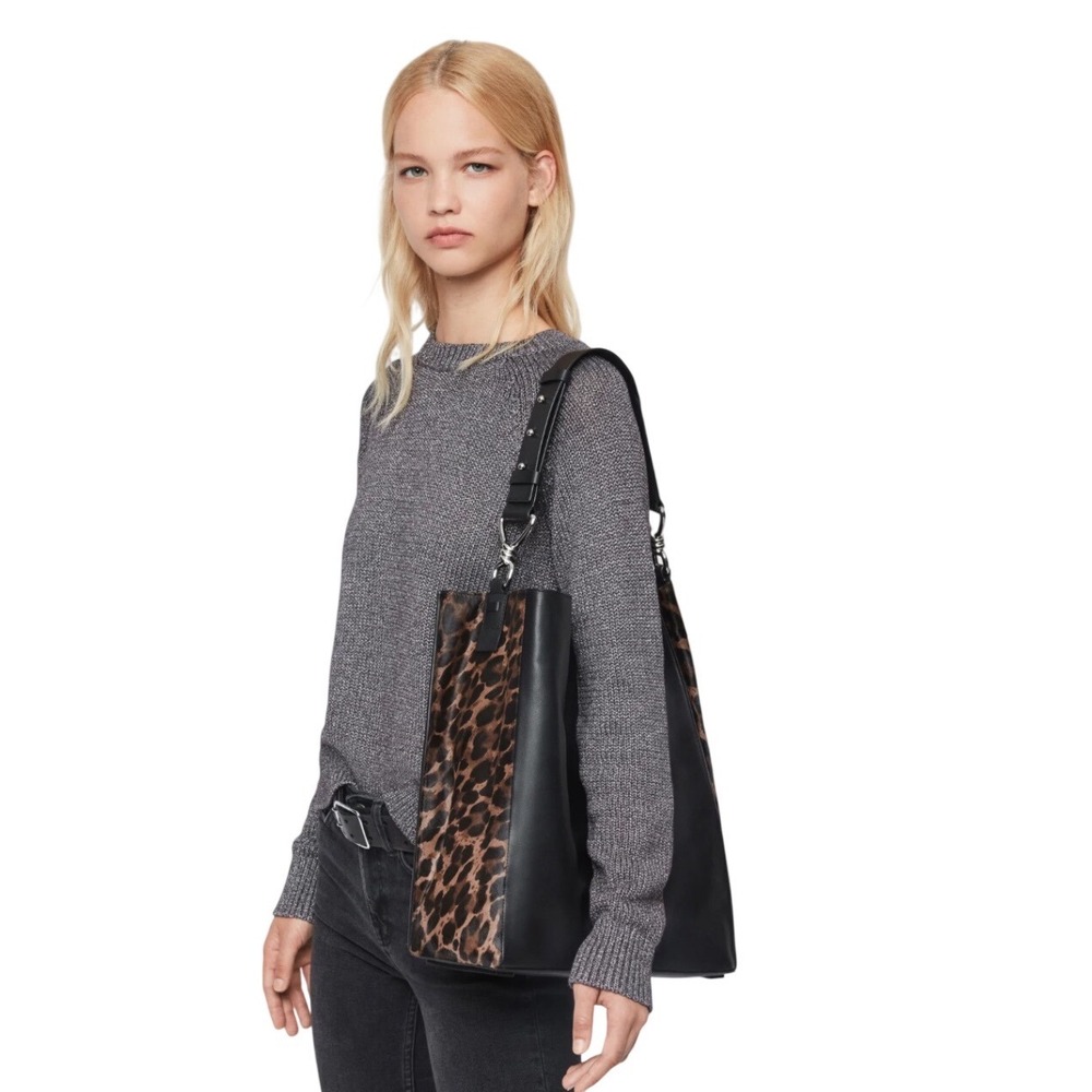 ALLSAINTS Black Leather Leopard Calf Hair Tote Shoulder Bag Large Hobo Purse